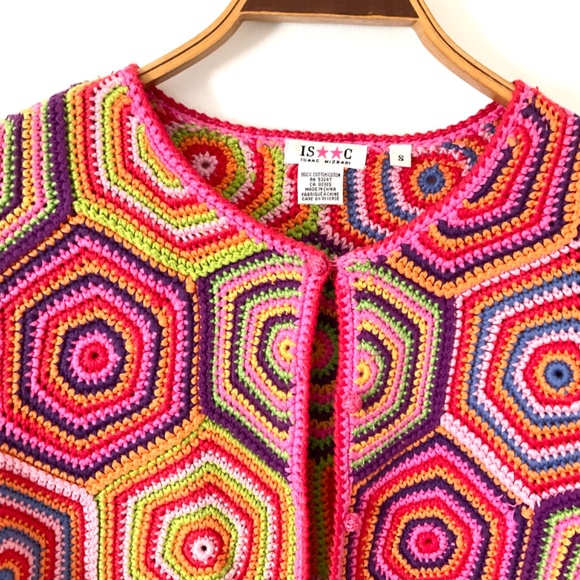 Vintage Isaac Mizrahi Granny Squares Crochet Sweater Cardigan 100% Cotton S M - Picture 2 of 10